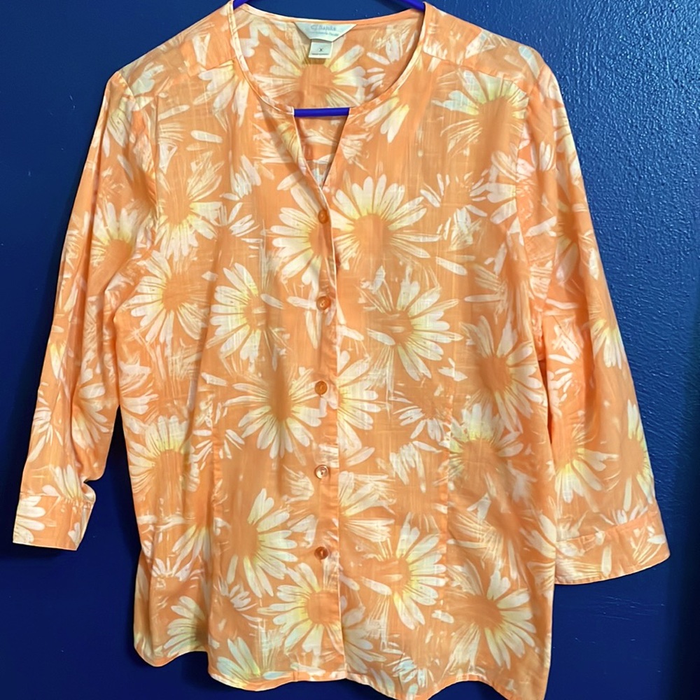 CJ Banks size large orange flower print blouse 3/4 length sleeves size X = 14W